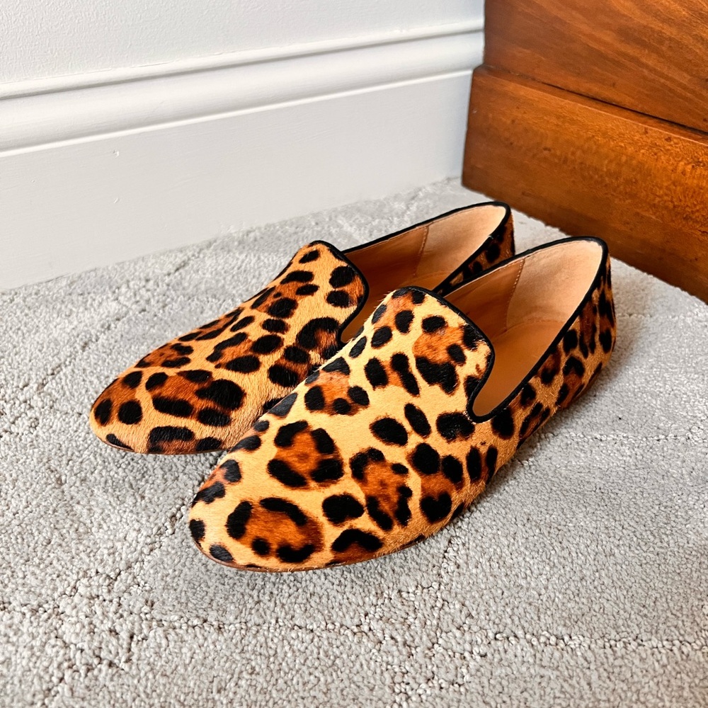 J Crew Leopard Calf Hair Smoking Slipper — Size 9